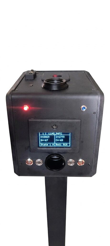 LLMG sensor unit with live OLED readout showing voltage, current, sag and battery status