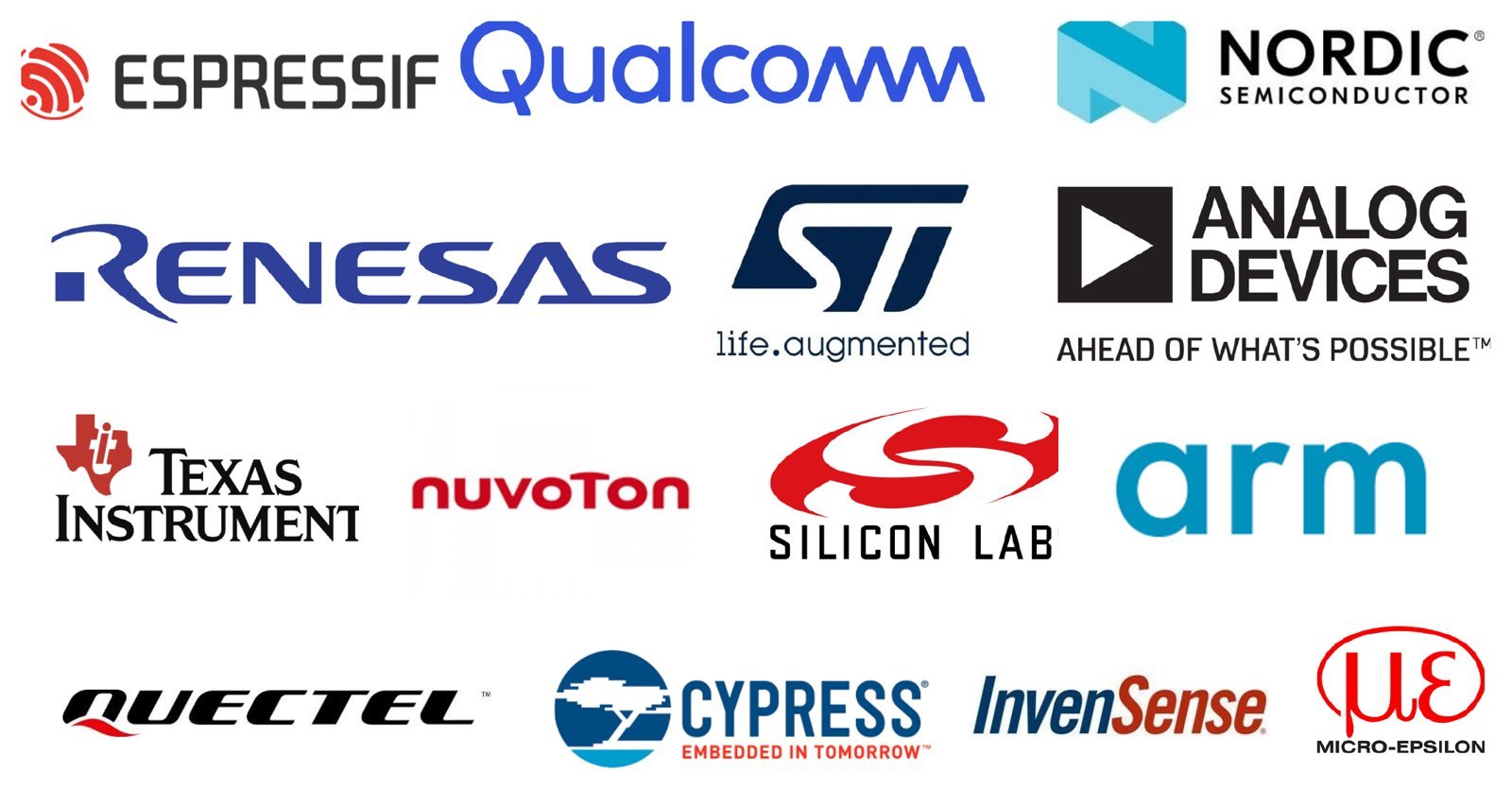Espressif, Qualcomm, Nordic Semiconductor, Renesas, STMicroelectronics, Analog Devices, Texas Instruments, Nuvoton, Silicon Labs, Arm, Quectel, Cypress, InvenSense and Micro-Epsilon